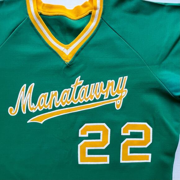 True Vintage Sand Knit Medalist Manatawny Baseball Jersey Green Yellow L 70s 22 - Picture 5 of 11
